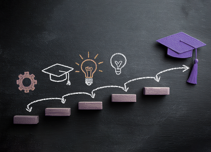 Course information on a chalk board with grad cap
